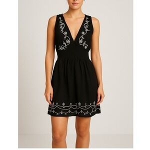 Just from Bali One Size Black Embroidered V-Neck Smocked Waist Mini Dress Rayon‎